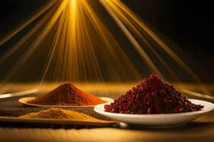spices in a bowl with light shining from above. AI-Generated photo