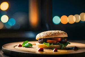 a hamburger on a wooden plate with lights in the background. AI-Generated photo