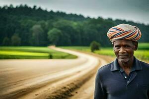 un africano hombre vistiendo un turbante soportes en un suciedad la carretera. generado por ai foto