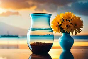 sunflowers in a vase on the beach. AI-Generated photo