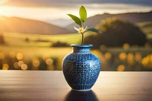 a blue vase with a small plant in front of a field. AI-Generated photo