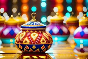 colorful diyas are displayed on a table. AI-Generated photo