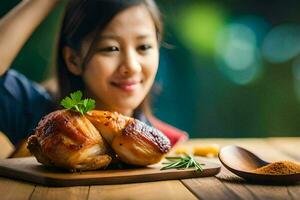 a woman is holding a chicken on a wooden cutting board. AI-Generated photo