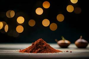 a pile of red chili powder on a wooden table. AI-Generated photo