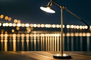 a desk lamp on a wooden table in front of a city. AI-Generated photo