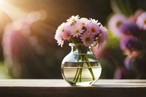 a vase filled with pink flowers sits on a table. AI-Generated photo