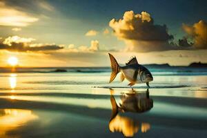 un pescado es en pie en el playa a puesta de sol. generado por ai foto