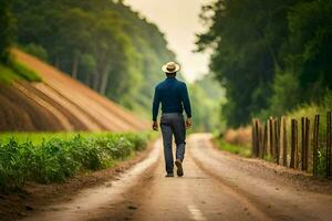 a man walking down a dirt road in the country. AI-Generated photo