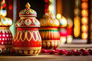 colorful diyas are lined up on a table. AI-Generated photo