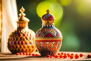 two colorful vases with red beads on a table. AI-Generated photo