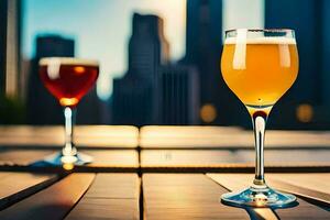 two glasses of beer on a table in front of a city skyline. AI-Generated photo