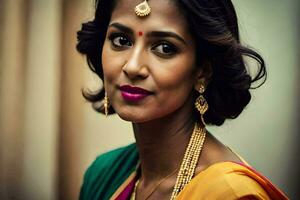 a woman wearing a sari and jewelry. AI-Generated photo