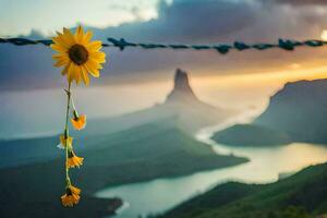 sunflower on a wire with mountains in the background. AI-Generated photo