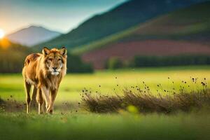 a lion walking in the grass at sunset. AI-Generated photo