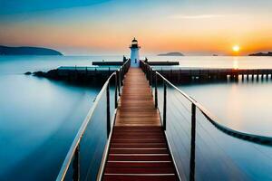 a wooden pier with a lighthouse at sunset. AI-Generated photo