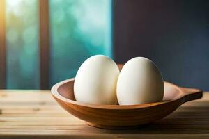 two eggs in a wooden bowl on a table. AI-Generated photo