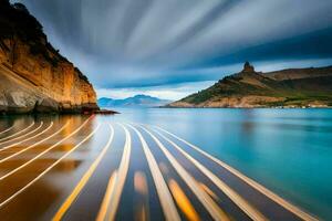 a long exposure photograph of a boat in the water. AI-Generated photo