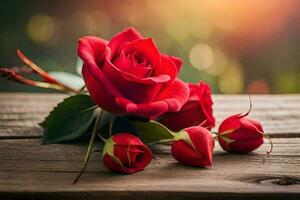 red roses on a wooden table with a blurry background. AI-Generated photo