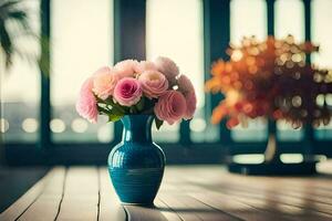 a blue vase with pink flowers sitting on a table. AI-Generated photo