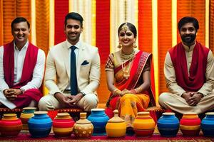 un Pareja y su amigos en tradicional indio atuendo. generado por ai foto