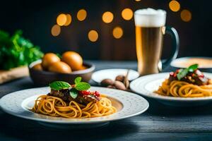 spaghetti with meat and beer on a wooden table. AI-Generated photo