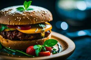 a hamburger with cheese, tomatoes and strawberries. AI-Generated photo