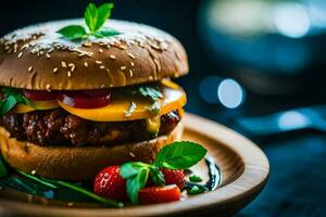 un hamburguesa con queso, Tomates y fresas generado por ai foto