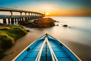 a blue boat sits on the beach at sunset. AI-Generated photo