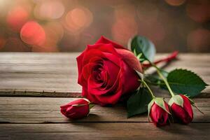 red roses on a wooden table with bokeh. AI-Generated photo