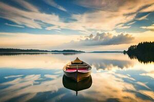 a boat is floating on a calm lake. AI-Generated photo