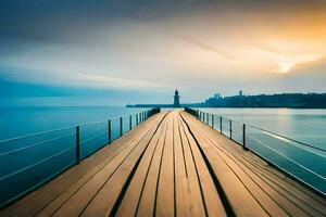 a long wooden pier with a lighthouse in the distance. AI-Generated photo