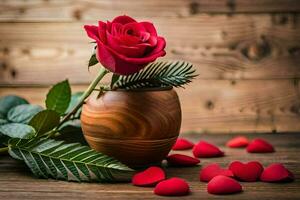 red roses in a wooden vase on a wooden background. AI-Generated photo