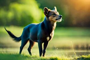 a dog standing in the grass near a pond. AI-Generated photo