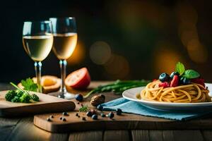 spaghetti with vegetables and wine on a wooden table. AI-Generated photo