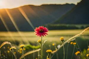 a flower in a field with mountains in the background. AI-Generated photo