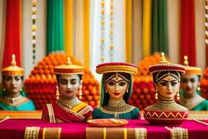 indian women in colorful headdresses on a table. AI-Generated photo