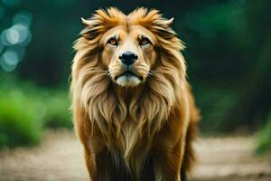 a lion is standing in the middle of a forest. AI-Generated photo