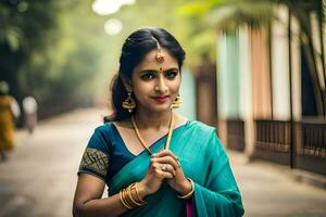un hermosa mujer en un sari poses para un foto. generado por ai foto