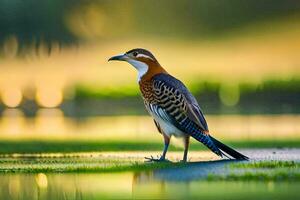 a bird standing on the edge of a pond. AI-Generated photo