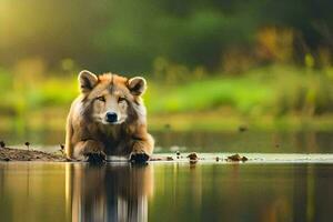 un león sentado en el apuntalar de un lago. generado por ai foto