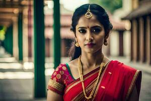 a beautiful indian woman in a red sari. AI-Generated photo