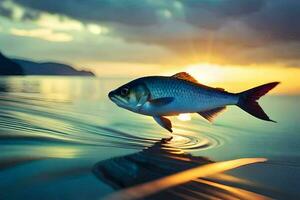 un pescado es saltando fuera de el agua a puesta de sol. generado por ai foto