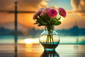 a vase with pink flowers on a table in front of a sunset. AI-Generated photo