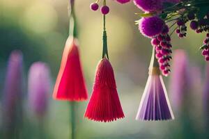 colorful tassels hanging from a tree. AI-Generated photo