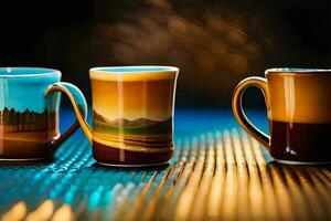 three coffee mugs with different designs on them. AI-Generated photo