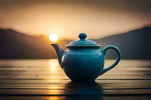 a teapot sits on a wooden table in front of a lake. AI-Generated photo