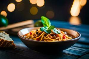 spaghetti with meat and vegetables in a bowl. AI-Generated photo