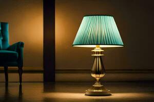 a lamp with a blue shade on it in a room. AI-Generated photo