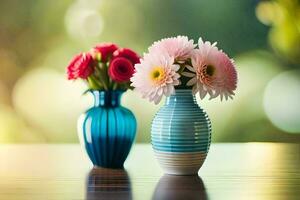 two vases with flowers on a table. AI-Generated photo