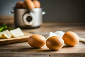 three eggs on a wooden table next to a food processor. AI-Generated photo